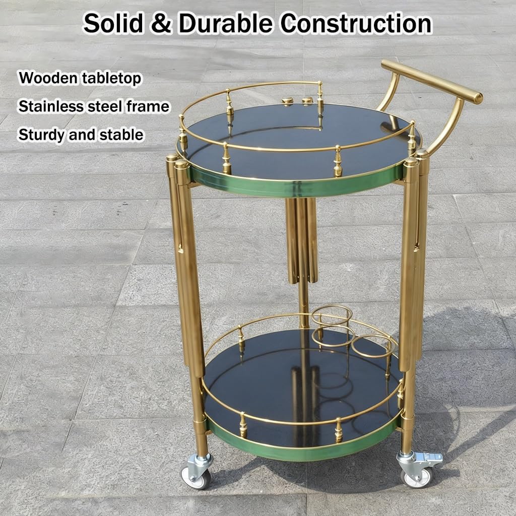 FGQuelleBM Luxury 2-Tier Mobile Cart with Wheels, Wood Top & Stainless Steel Frame for Drinks and Desserts Display