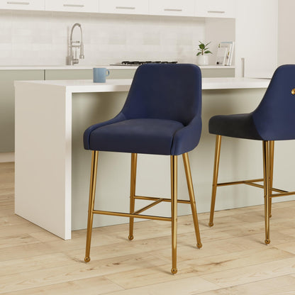 Meridian Furniture Owen Collection Modern | Contemporary Velvet Upholstered Counter Stool with Polished Gold Metal Legs, Set of 2, 23" W x 21" D x 40" H, Navy