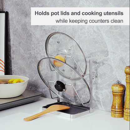 XCCK 304 Stainless Steel Pot Lid Holder While Cooking, Kitchen Pot Lid Storage Rack for stove top, Multifunctional Kitchen Pot Lid Organizer for Countertop（Silver）
