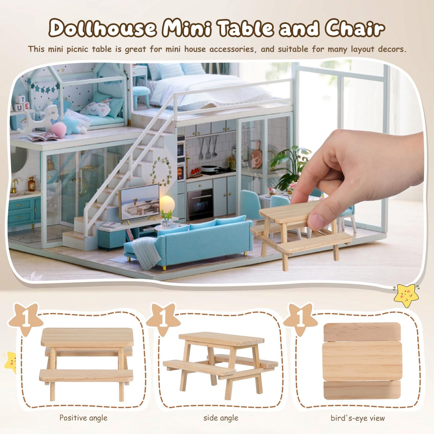 Garneck 1/12 Scale Miniature Dollhouse Picnic Table and Chairs Set: Wooden Tiny Dollhouse Furniture for DIY Micro Scenes Fairy Garden Decoration & Photography Prop