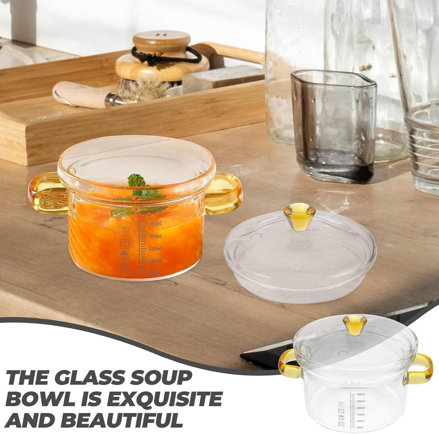CALLARON Glass Saucepan, 300ml Stovetop Milk Butter Warmer with Cover and Dual Handle