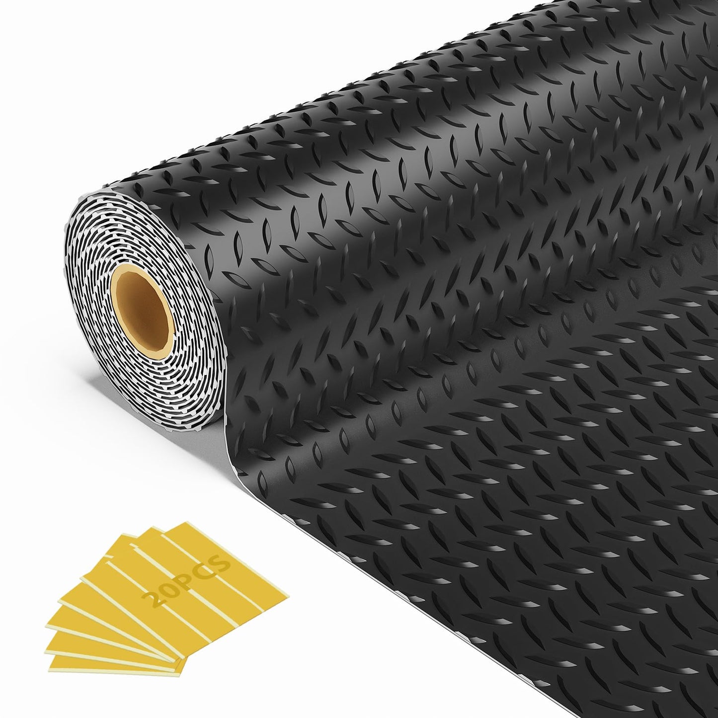 FomanXtre 10x20 FT Garage Floor Mat, 2.8mm Thickened Flooring Roll for Under Car Diamond Plate PVC Rubber Mat with 20 Pcs Tapes, Non-Slip Floor Mat for Garage, Warehouse, Gyms, Trailer, Black