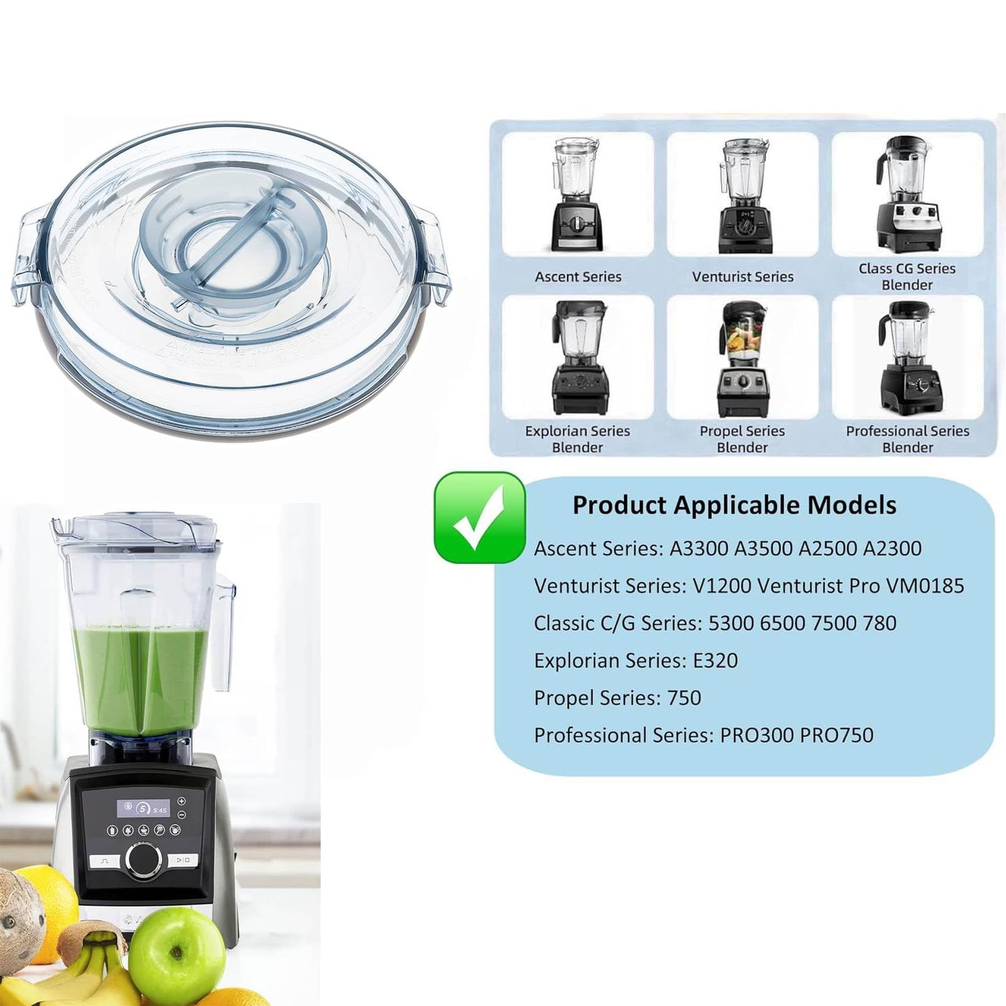Blender Lid Cover Cap Fit for Vitamix, 64oz Clear Blender Lid Low Profile Container Lid Replace for Vitamix A3500 A3300 A2500 V1200 Venturist Pro Pitchers, Compatible with vitamix Container Jar Cup