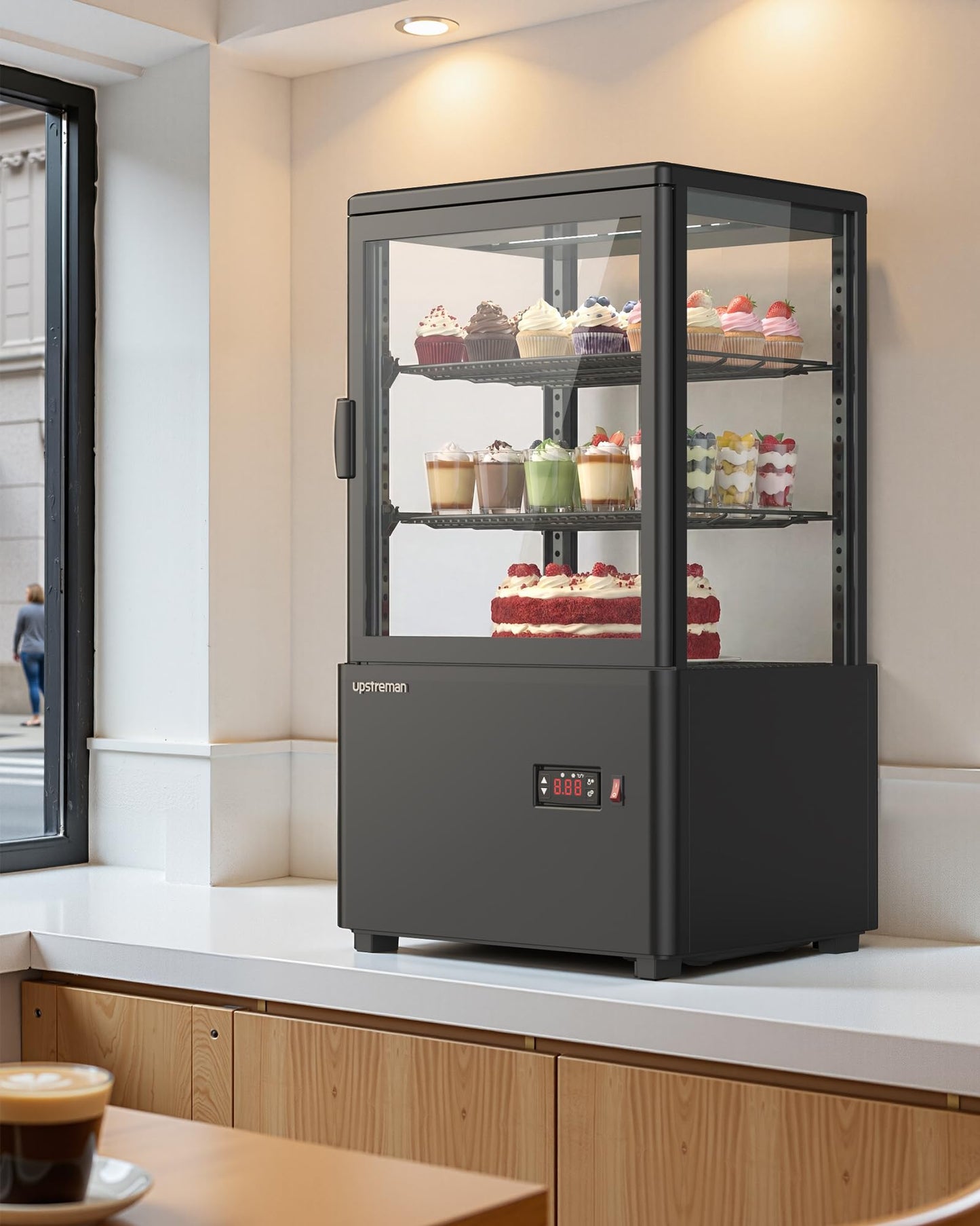 Upstreman Countertop Pastry Display Refrigerator, 2.0 Cu.Ft Commercial Cake Display Refrigerator, Bakery Showcase with LED Light, Digital Thermostat, for Café, Restaurant, Convenience Store, CD20