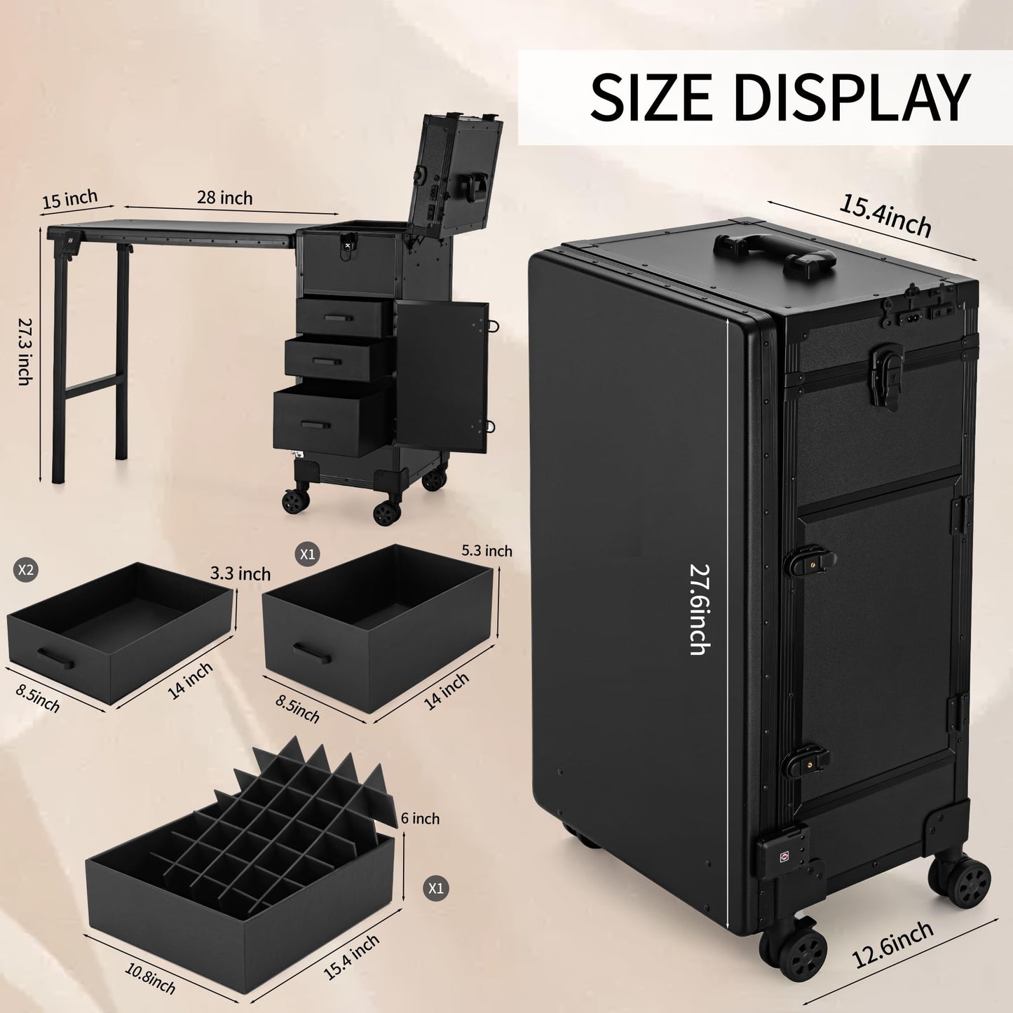 SJD LACE Rolling Manicure Table with 3 Drawers, Portable Nail Desk for Nail Tech, Foldable Nail Table Lockable Makeup Case with Mirror, Nail Polish Organizer, Mobile Nail Tech Workstation with Wheels