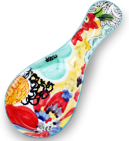 Colorful Hand Painted Spoon Rest, Ceramic Large Spoon Holder for Kitchen Counter, Dishwasher Safe, Multicolor (1 Pack)