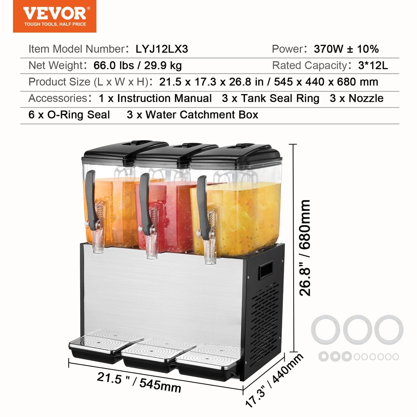 VEVOR Commercial Beverage Dispenser, 3 Tanks 12 L / 12.7 QT Per Tank Juice Dispenser, 370W Stainless Steel Ice Tea Drink Machine with 45°F-54°F Cooling Temperature, for Cold Drink Restaurant Bar Party