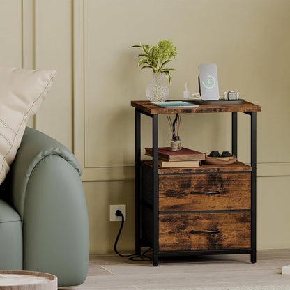 Fixwal Night Stand with Charging Station, Nightstand with Fabric Drawers, Bedside Table for Bedroom, Rustic Brown