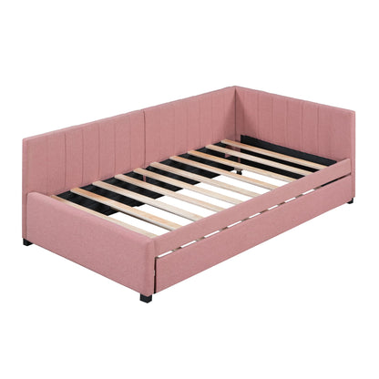 Acosure Twin Size Upholstered Linen Daybed with Twin-Size Trundle,Sofa Bed Frame W/Slat Support and Back & Armrest,No Box Spring Needed,for Apartment,Bedroom,Guest Room,Pink