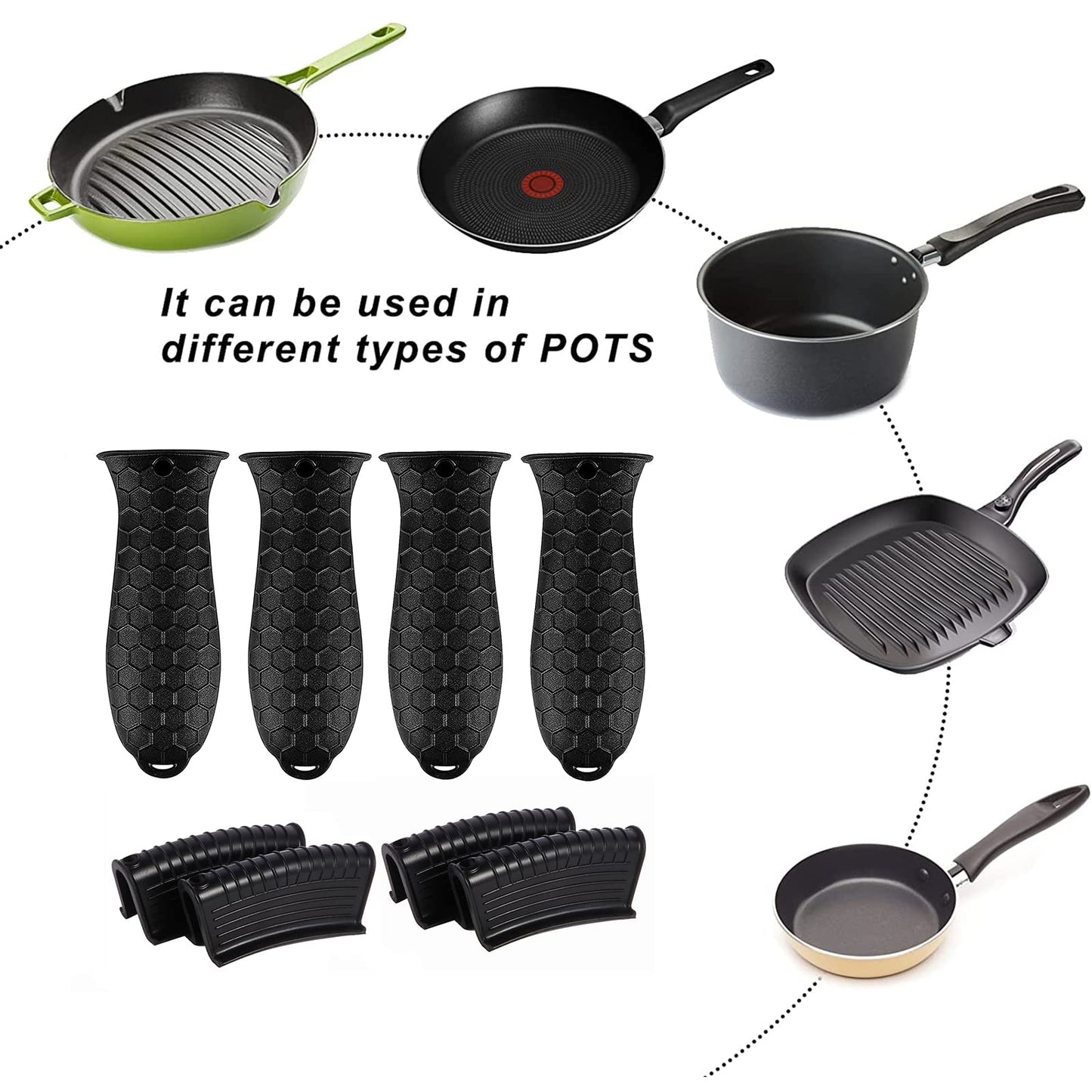 8 Pcs Non-Slip Silicone Hot Handle Holder & Assist Grips, Potholder for Cast Iron Skillets, Heat Resistant Handle Cover Sleeve for Frying Pans, Casserole, Cookware Handles, Black