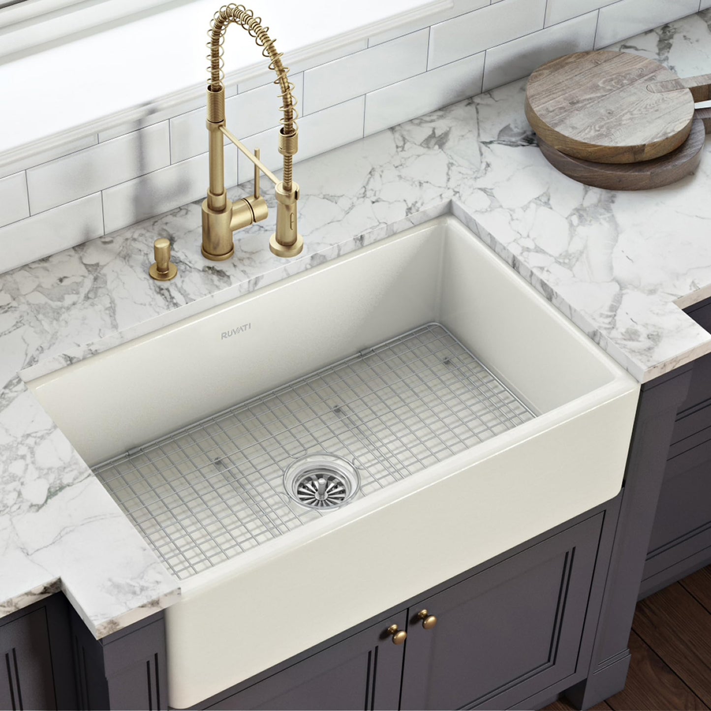 Ruvati 30 x 20 inch Fireclay Reversible Farmhouse Apron-Front Kitchen Sink Single Bowl - Biscuit - RVL2100BS