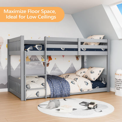 JOYMOR Solid Wood Low Twin Over Twin Bunk Bed for Kids/Junior, Bunk Bed Frame with Guardrails & Ladder for Boys Girls, No Box Spring Needed (Gray)