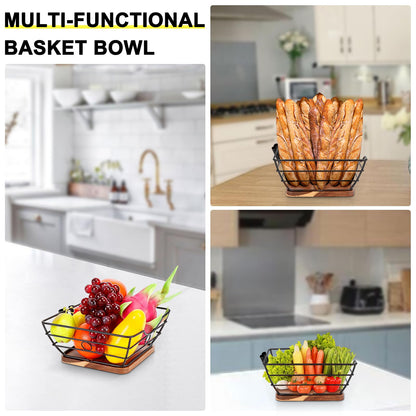 Livabber Countertop Fruit Basket Bowl with Banana Hanger, Modern Standing Fruit Vegetable Bowl Storage, with Banana Tree Holder for Kitchen Dinning Table (Square Wood, Black)