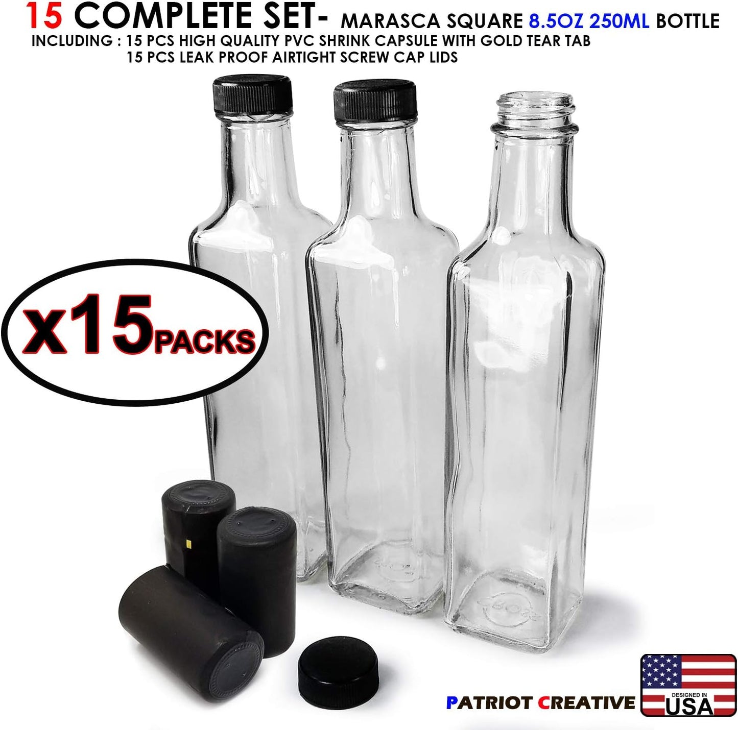 Quadra Bottles 8.5 Oz - 15 Sets of Premium Glass Square Bottles with Leak Proof Airtight Caps, Black