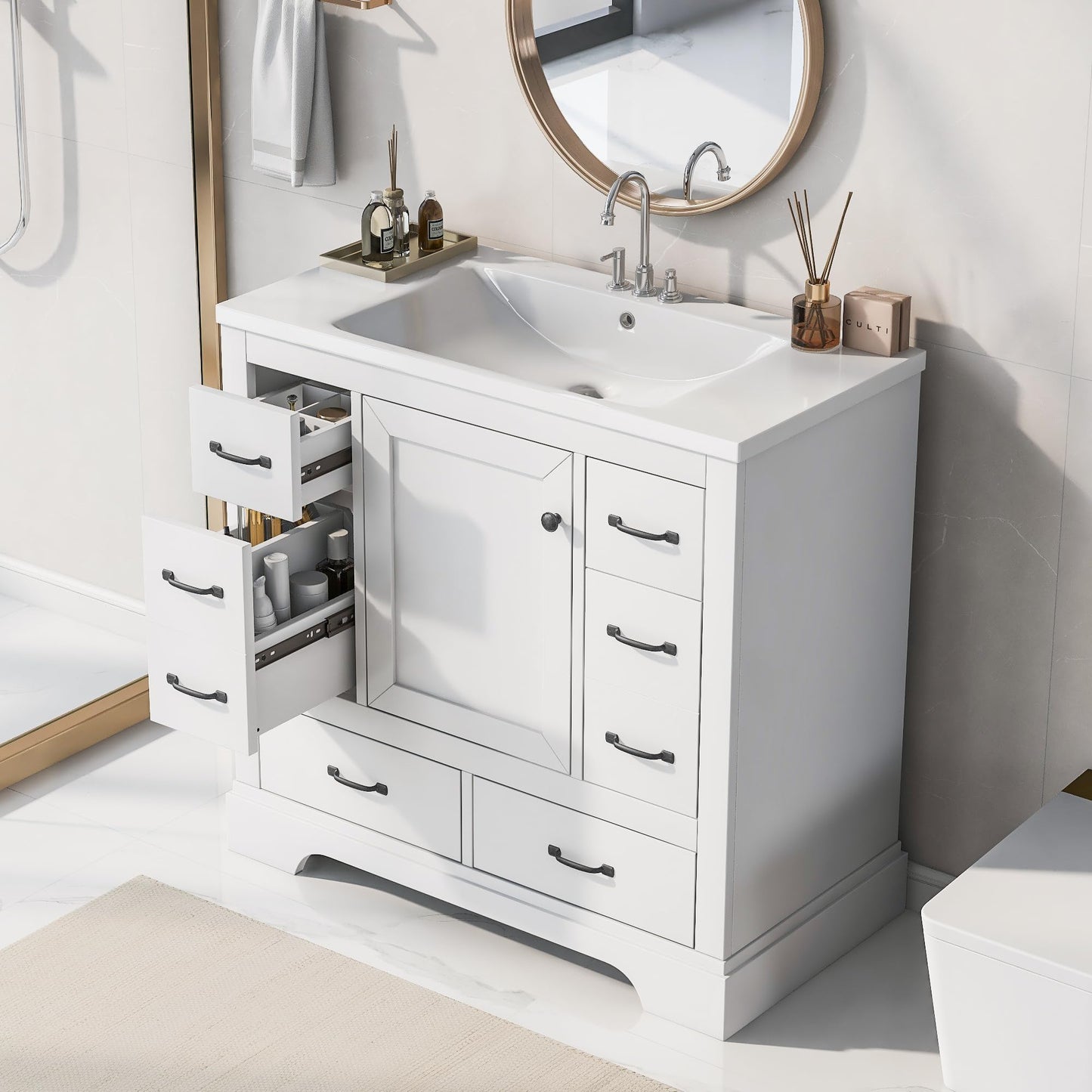 36" Bathroom Vanity Cabinet with Sink Set w/Painted Solid Wood Legs, Undermount Ceramic Top, Multi-Functional Drawers, Storage Dividers, White