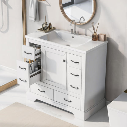 36" Bathroom Vanity Cabinet with Sink Set w/Painted Solid Wood Legs, Undermount Ceramic Top, Multi-Functional Drawers, Storage Dividers, White