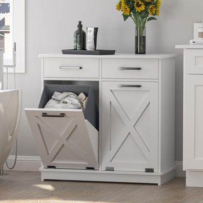 Mepplzian White Double Tilt Out Laundry Hamper Cabinet Laundry Basket Cabinet Hidden Laundry Hamper with 2 Drawers & 2 Baskets for Bathroom,30x30x16in（Barn Door Panel）