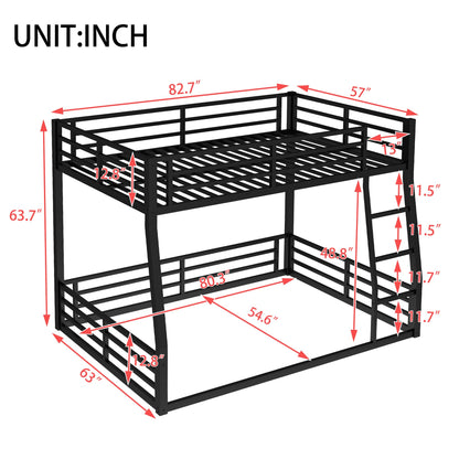 Full XL Over Queen Bunk Bed Frame with Noise Reduced Design, Heavy Buty Floor Bunk Bed Full XL Over Queen Bunk Beds with Build in Ladder for Adults, Teens(Black Floor Bunk Bed)