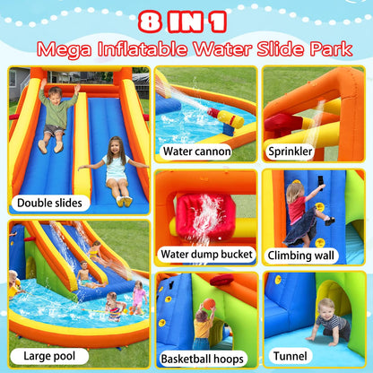 HuaKastro 15.6x15FT Giant Water Slide for Big Kids 5-12, Inflatable Water Park with Big Splash Pool, Dual Tall Slides & 2 Climb Walls for Racing Fun, W/Surprise Water Dump Bucket, Hide&Seek Cave