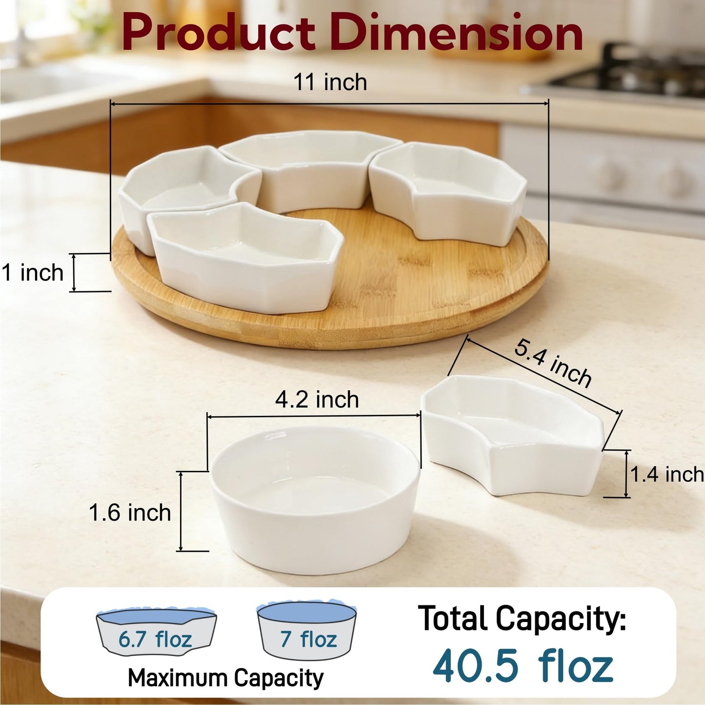 SOUJOY 11'' Lazy Susan Serving Tray, Porcelain 360° Rotatable Serving Tray and Platters, Removable Divided Serving Dishes, Party Relish Bowl for Chip, Dip, Veggies, Candy and Snack, Cheese, 7 Pieces