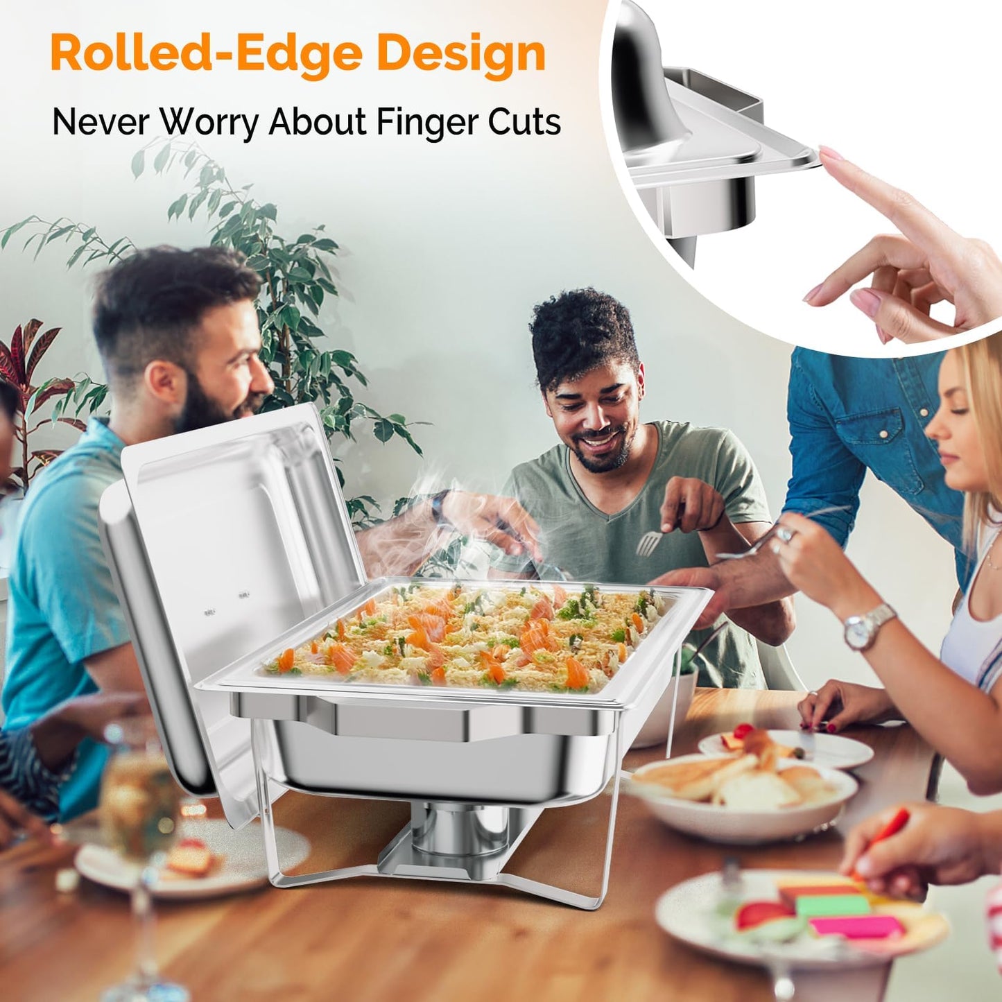 Bonnlo Chafing Dishes for Buffet, 8 Pack 9 QT Stainless Steel Chafing Dish Set, Food Warmers for Parties, Safe Rolled Edges, Dual Hooks, Stackable for Catering, Weddings