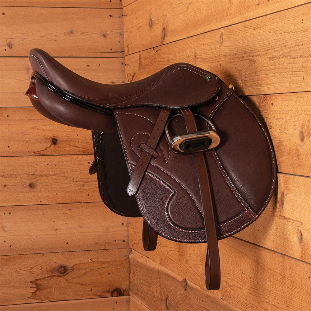 EASY-UP Berlin Brass English & Dressage Saddle Rack | Horse Tack Room Addition | Solid Brass Framing | Lacquered Wood Grain Overlay | Wall Mounted | 11-3/4" Wide x 8-1/2" Tall x 20.5" Long