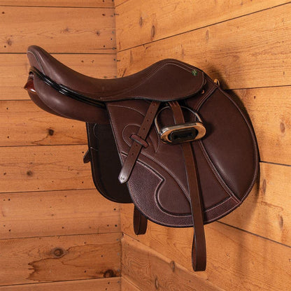 EASY-UP Berlin Brass English & Dressage Saddle Rack | Horse Tack Room Addition | Solid Brass Framing | Lacquered Wood Grain Overlay | Wall Mounted | 11-3/4" Wide x 8-1/2" Tall x 20.5" Long
