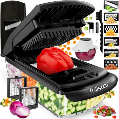 Fullstar All in One Vegetable Chopper and Mandoline Slicer - Food Chopper with Container and Julienne Slicer, Fruit Slicer, Veggie Cutter, Kitchen Gadgets & Gift for Mom (8 in 1, Black)