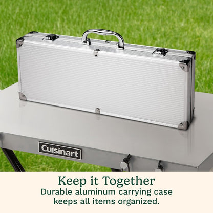 Cuisinart 14-Piece Deluxe Stainless Steel Grill Set, Grilling Accessories Kit with Spatula, Tongs, Corn Holders, Basting Brush, Cleaning Brush & Aluminum Carry Case, BBQ Tools for Outdoor Grill