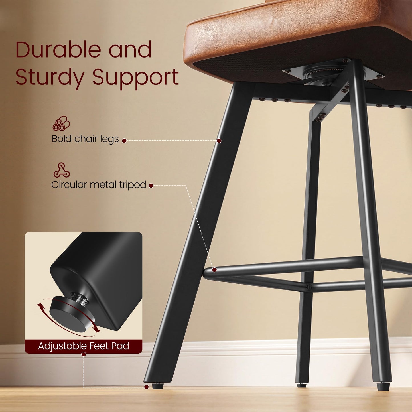 Homkdom Bar Stools Set of 3, 26 Inch Counter Height Swivel Bar Stools for Kitchen Island, Faux Leather Bar Stools with Back and Footrest, 360° Swivel, Metal Legs, 350 lbs, Cognac Brown