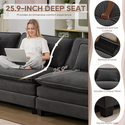 IPKIG 117" Modular Sectional Sofa, Velvet U-Shaped Sectional Couch Comfy Upholstered 3-Seat Sofa with 2 Ottoman, 3 Lumbar Pillow, Deep Seat Cloud Couch Sofa for Living Room, Dark Grey