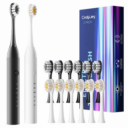 2 Pack Electric Toothbrush for Adults and Kids - Rechargeable Kids Ages 12+ and Adults with 12 Brush Heads & 2 Electric Toothbrush, 90 Days Battery Life - Black and White