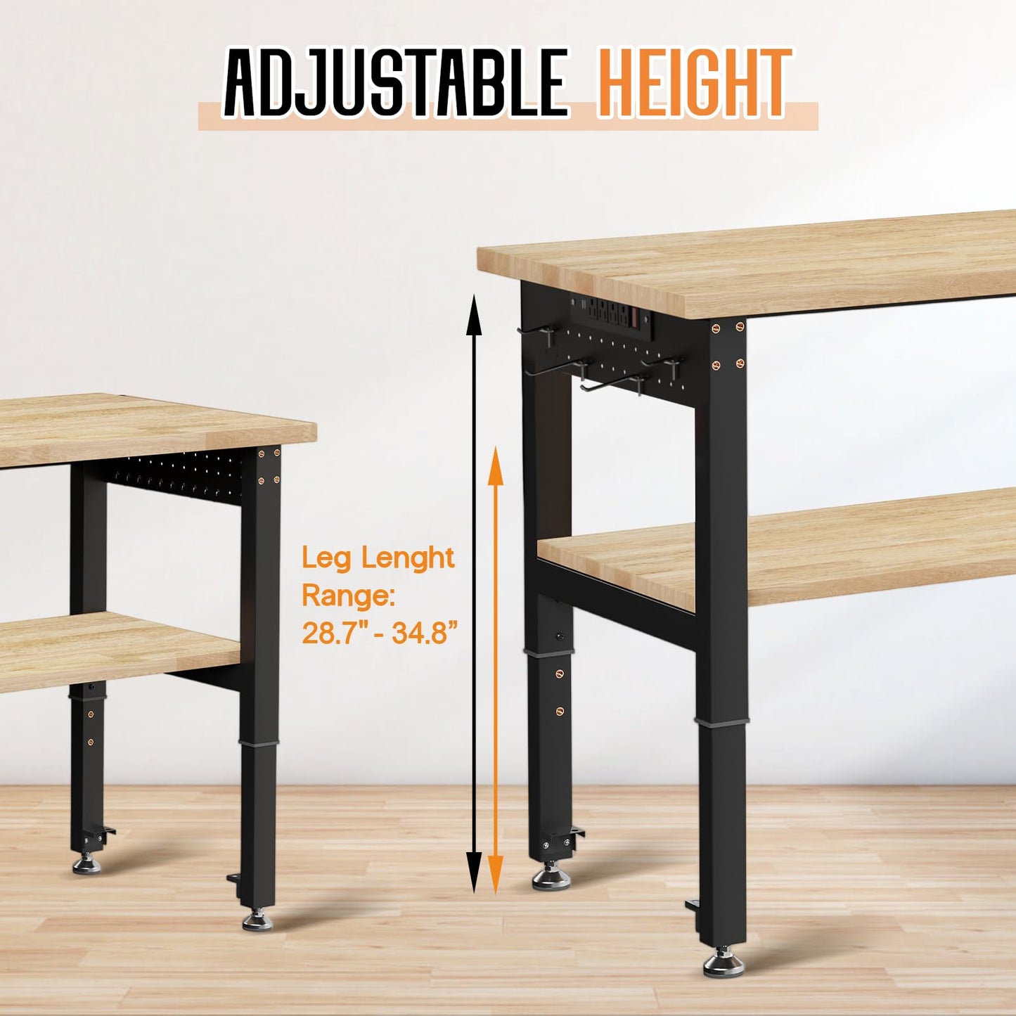 Albott 48" Adjustable 2-Tier Workbench with Solid Wood Top, Max 2500lbs Capacity, Built-in Power Strip with 4 AC Outlets & 2 USB Ports, Pegboard & 20 Hooks, Shop Garage Office