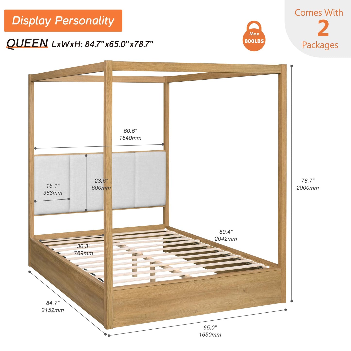 WAMPAT Wood Canopy Bed Frame Queen Size, Solid Wood Poster Bed with 12 Slats and Support Legs, 800 lbs Capacity, No Box Spring Needed, Modern Oak Wooden Bed with Upholstered Headboard for Bedroom
