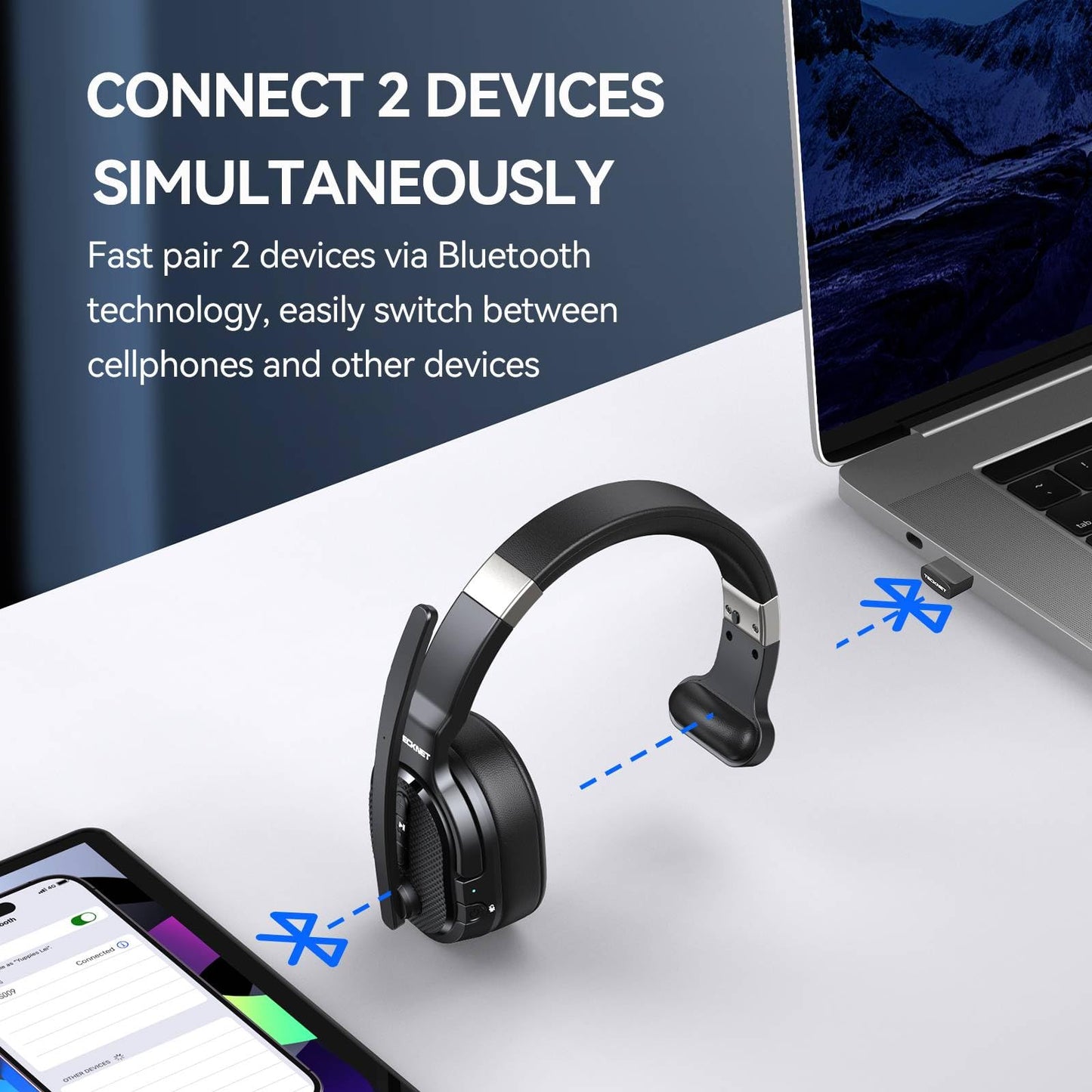 TECKNET Trucker Bluetooth Headset, Stable V5.2 & USB Dongle Connection, 70h Wireless Bluetooth Headsets with Mic and Mute, ENC Noise Canceling, Headset for Truck Drivers, Cell Phone, PC Comfort Office