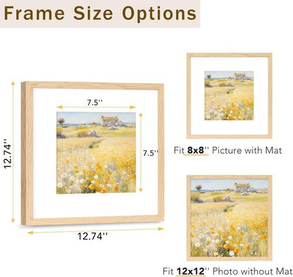 JCJMY 12x12 Solid Wood Picture Frame - Display 8x8 with Mat or 12x12 Without Mat, Natural Finish
