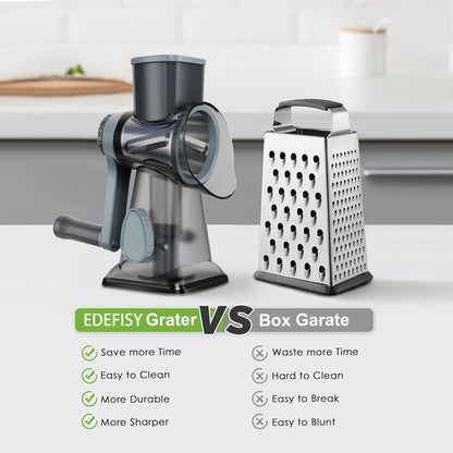 EDEFISY Cheese Grater Hand Crank Rotary Vegetables Shredder with Handle, 3-in-1 Graters with Interchangeable Blades and Non-slip Base Multifunctional Slicer for Kitchen