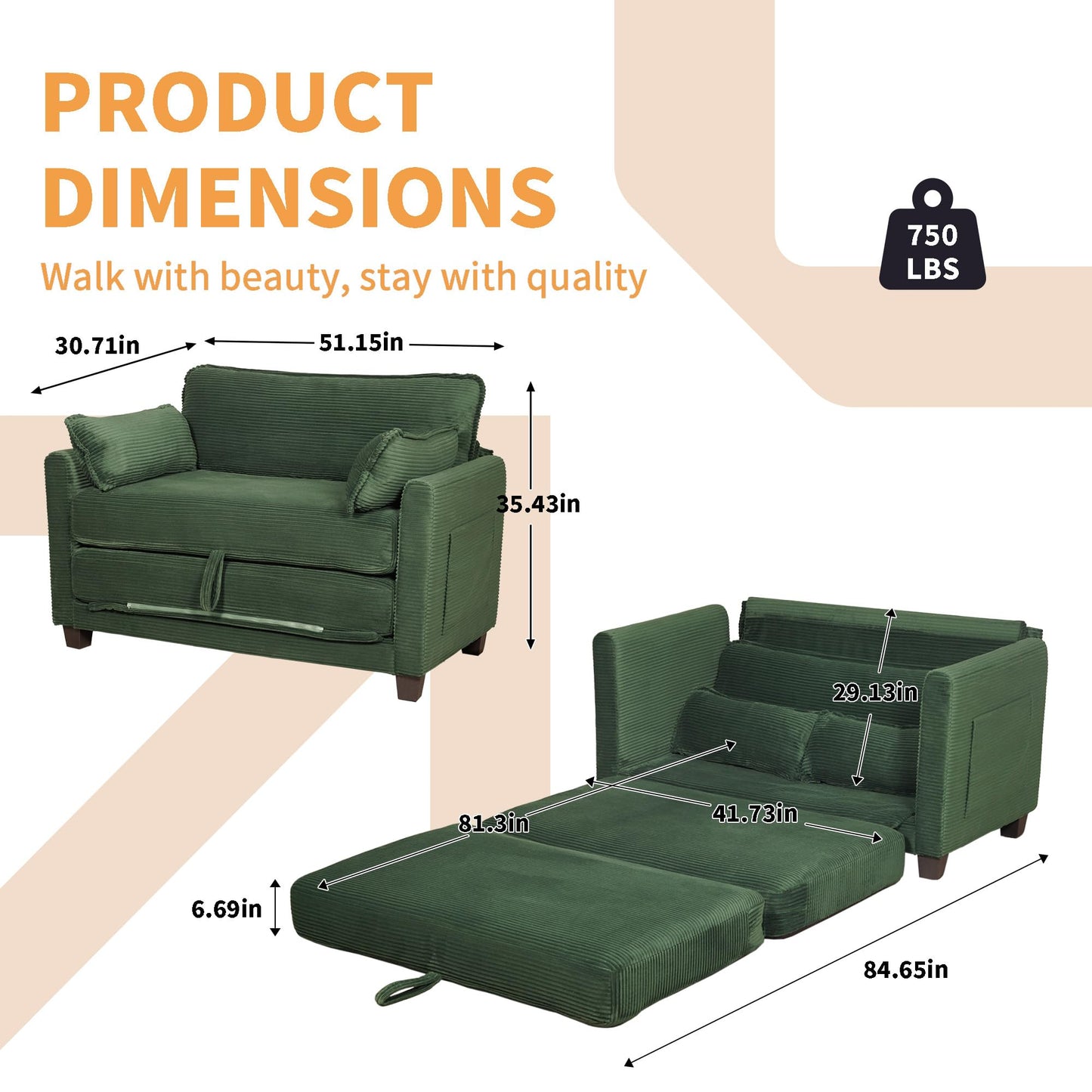 Eafurn 3 Fold Corduroy Sleeper Sofa Couch Bed - Foldable Convertible Futon Loveseat with Pull Out Sofabed and Side Pockets for Living Room Apartment
