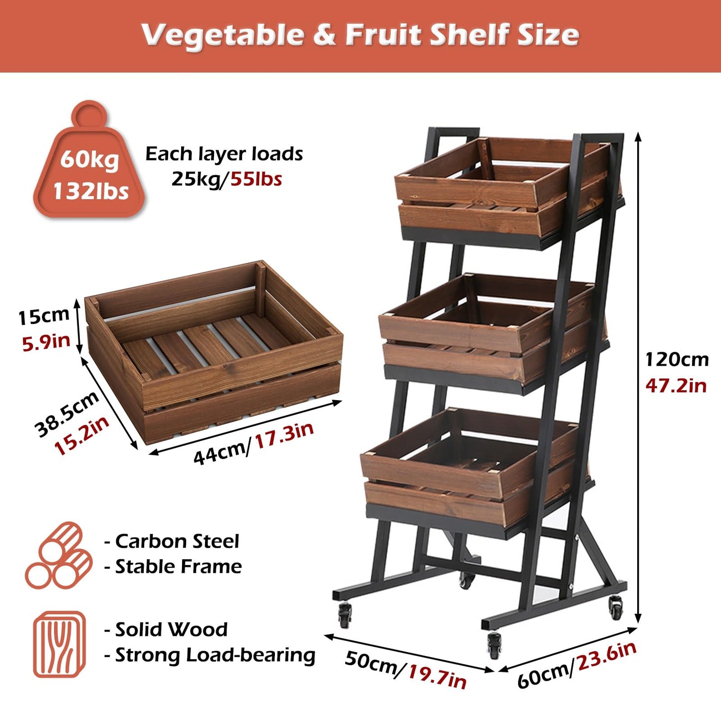 3-Tier Supermarket Snack Shelf Organizer Rack, Detachable Fruit Vegetable Storage Basket with Wheels, Retail Store Display Stand Free Standing for Kitchen Pantry(Brown)