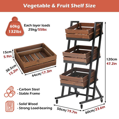 3-Tier Supermarket Snack Shelf Organizer Rack, Detachable Fruit Vegetable Storage Basket with Wheels, Retail Store Display Stand Free Standing for Kitchen Pantry(Brown)