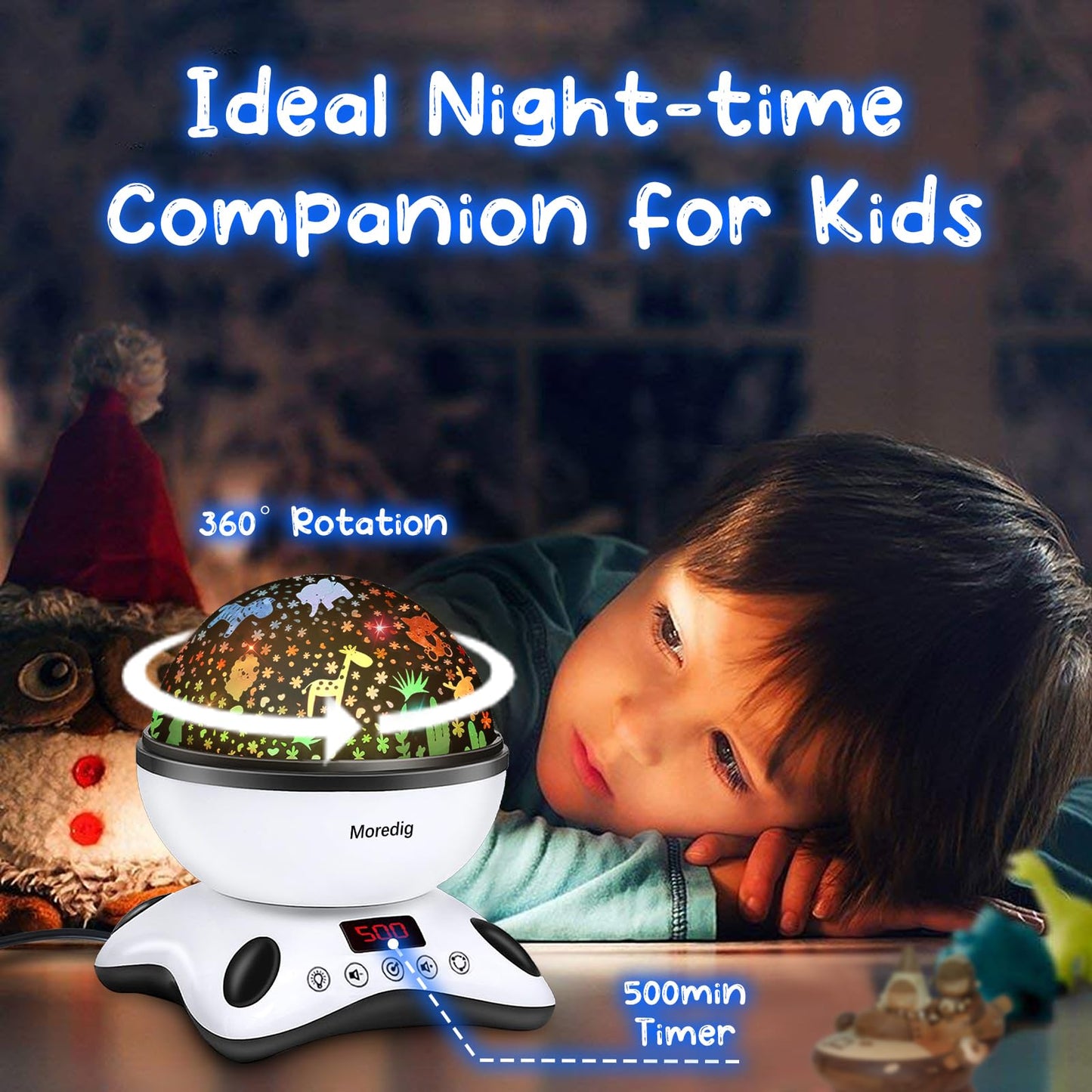 Moredig Kids Night Light Projector, Remote Baby Night Lights for Kids Room with 12 Music Nursery Night Light Projector for Kids Timer 2 Projections 18 Light Modes, Gifts for Baby Kids - Black