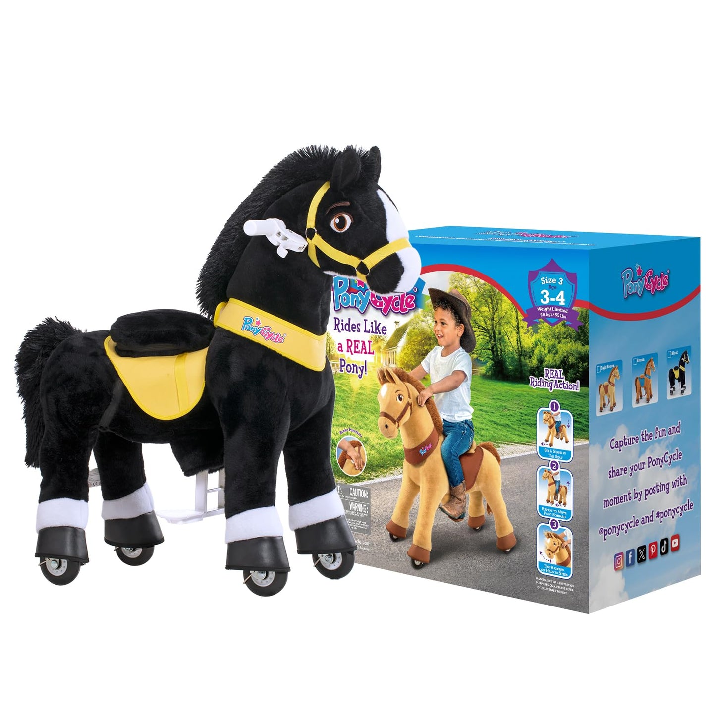 PonyCycle Ride on Toys Riding Black Horse Toys No Battery Required (with Brake/ 30" Height/Size 3) Pony Rider Walking Animals Rocking Horse Ride on Horse for Kids Riding Toys E338