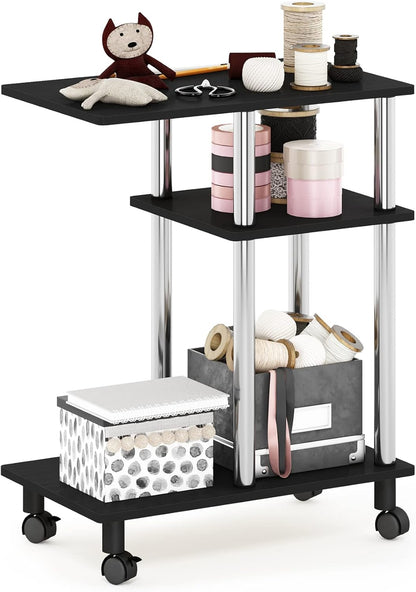 Furinno C-Shaped Rolling Side Table with Open Shelves - Americano & Stainless Steel