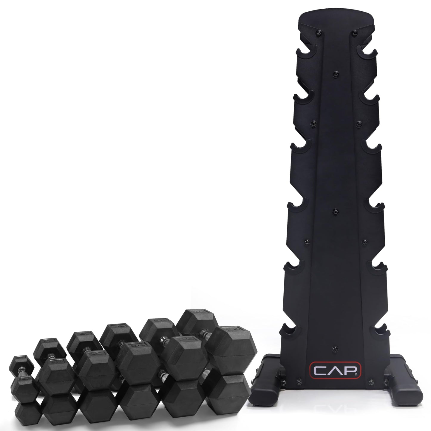 CAP 210 lb Rubber Coated Hex Dumbbell Set with Vertical Rack, Space-Saving Storage for Home Gym Strength Training, Chrome Handle, Black Rack