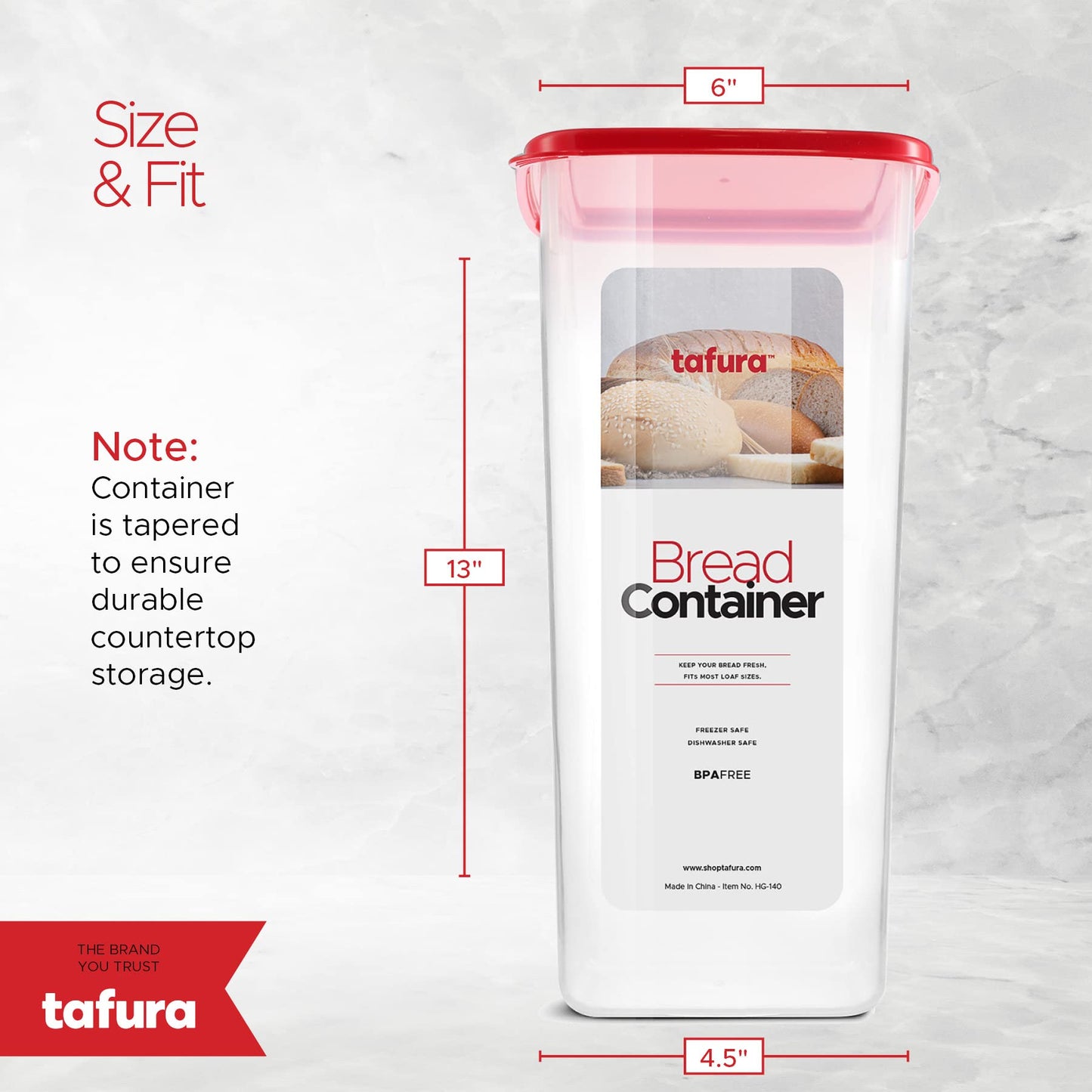 Tafura Bread Container - 2 Pack BPA Free Plastic Bread Box - Container/Holder for Homemade Loaves and Baked Goods with Red Airtight Lid
