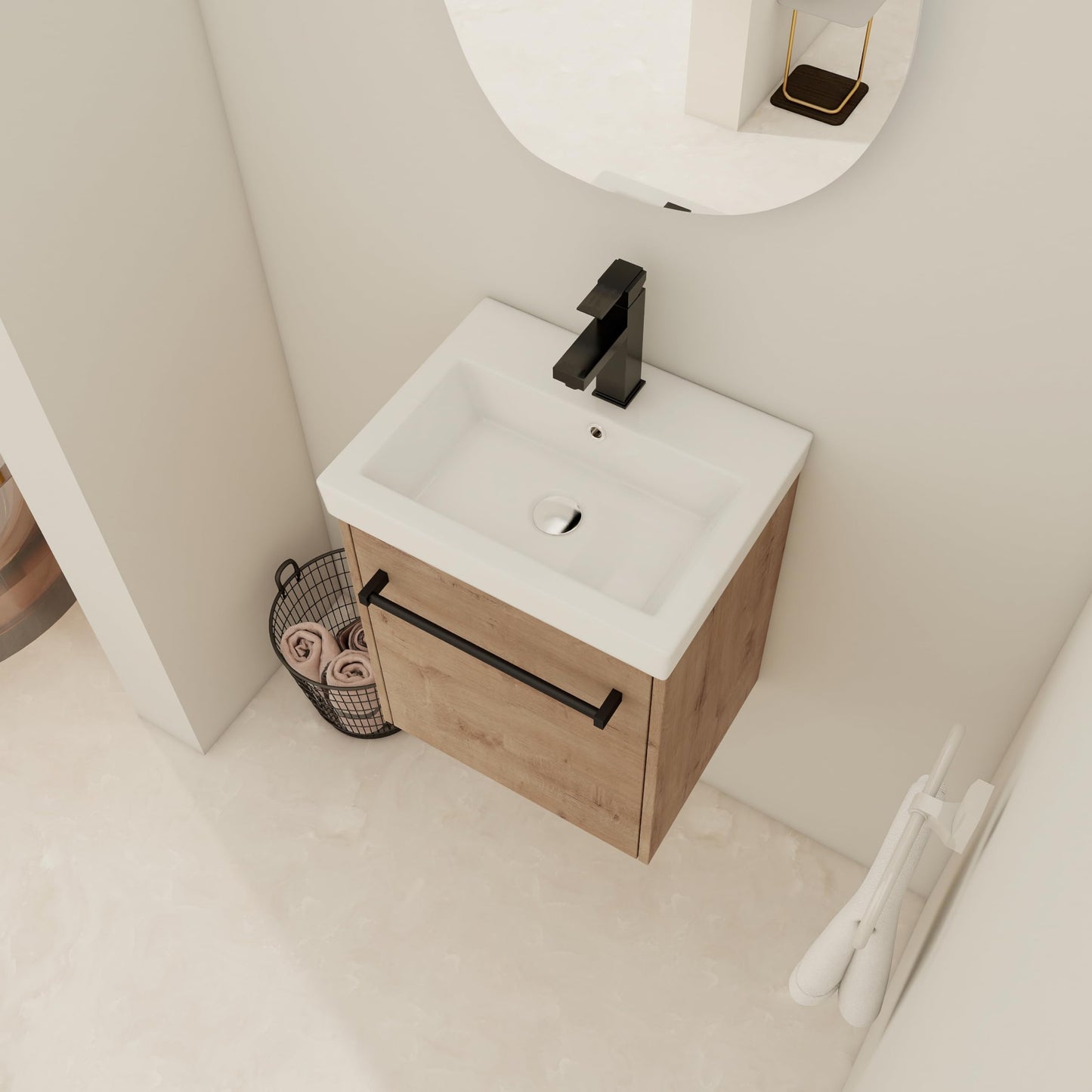 KEIKI 18'' Bathroom Vanity Cabinet with Sink, Wall Mounted Floating Bathroom Vanity with Soft-Close Cabinet Door, for Small Bathroom, Imitative Oak