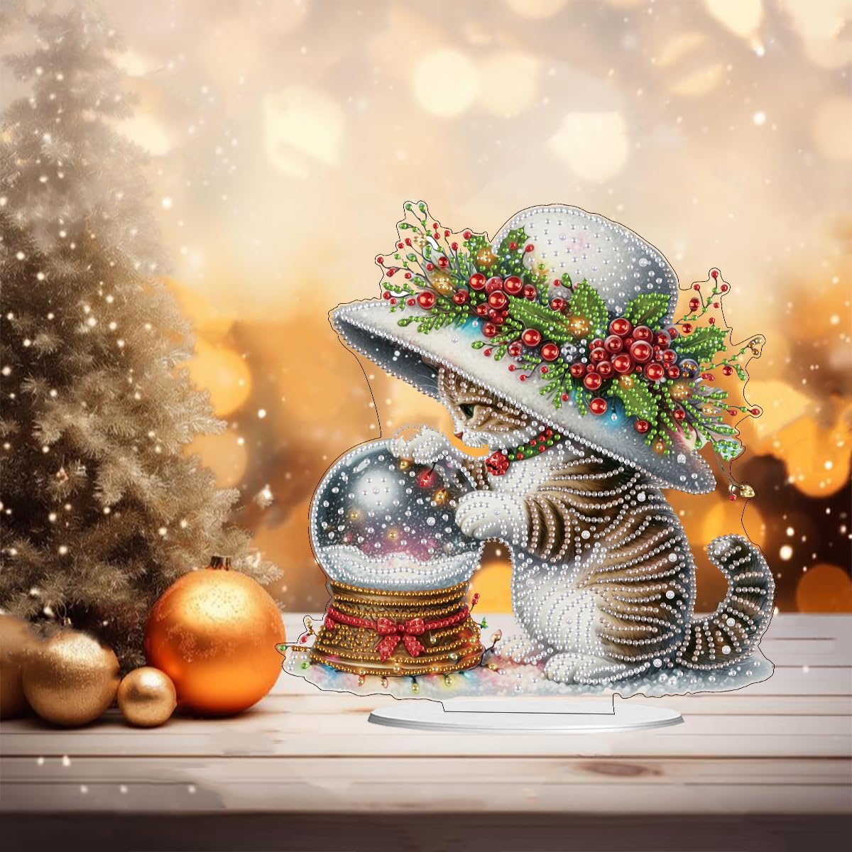 LXTONG Cat and Crystal Ball Diamond Painting Desktop Ornaments Kit, 5D DIY Stand Up Special Shaped Cute Cat Diamond Tabletop Ornaments Arts Crafts Kit for Adult Beginner Home Desktop Decor