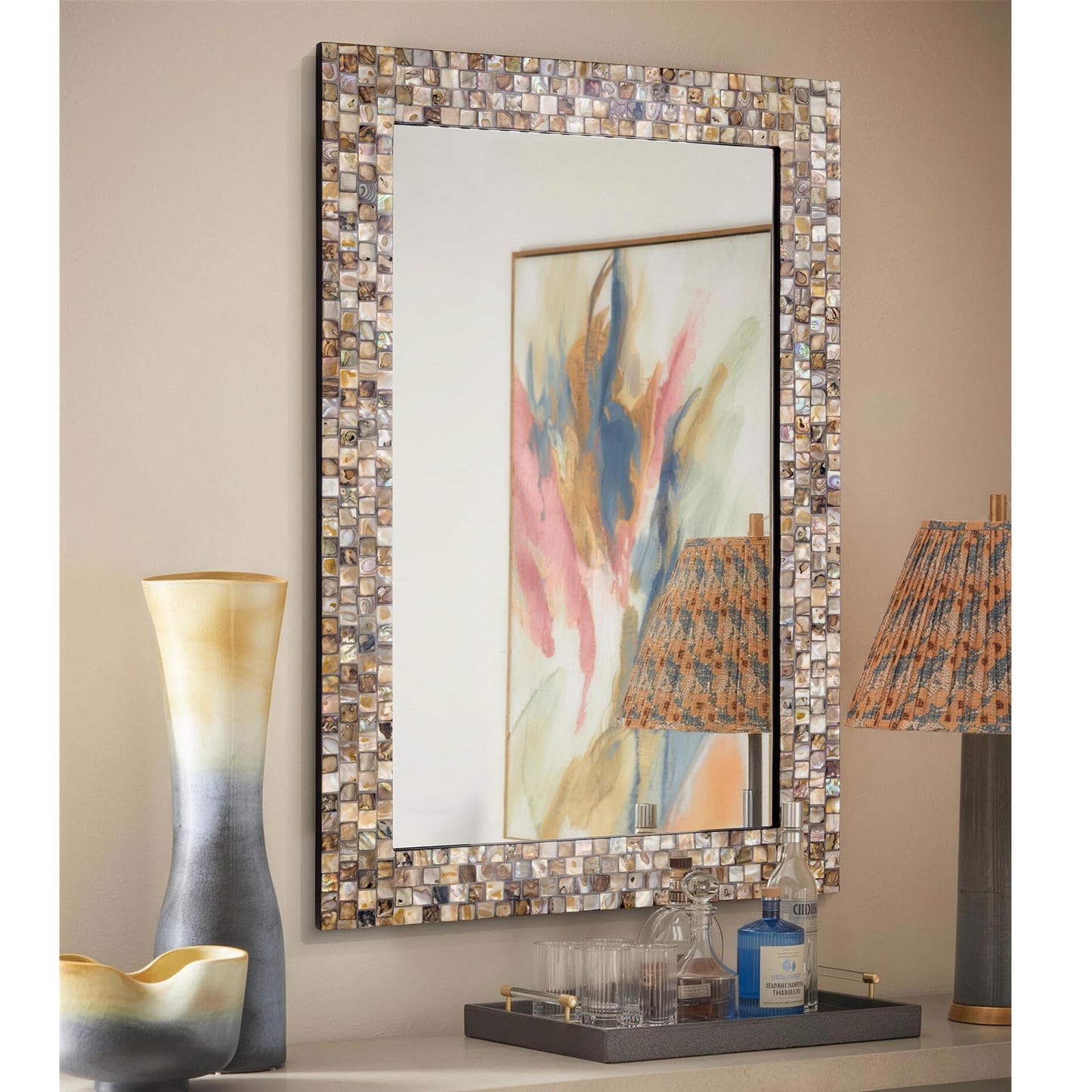 Large 36''x24'' Bathroom Mirror with Mosaic Frame, Modern Decorative Mirror with Handcrafted Mother of Pearl, Rectangular Wall Mounted Mirror for Entryway, Living Room, Fireplace Coastal Style