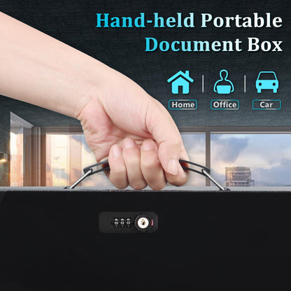 Dalmbox Portable Metal Safe Box with Dual Combination and Key Lock - Fire Resistant Storage for Documents, Car, Home and Outside - X Large 13.2"x 11"x 5.1" Black Box