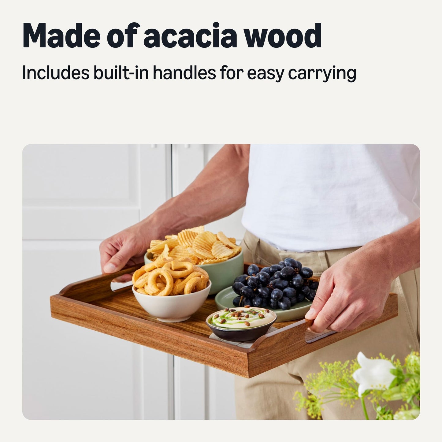 Amazon Basics Wooden Serving Tray with Built-in Handles, Acacia Wood, 17 x 12 in.
